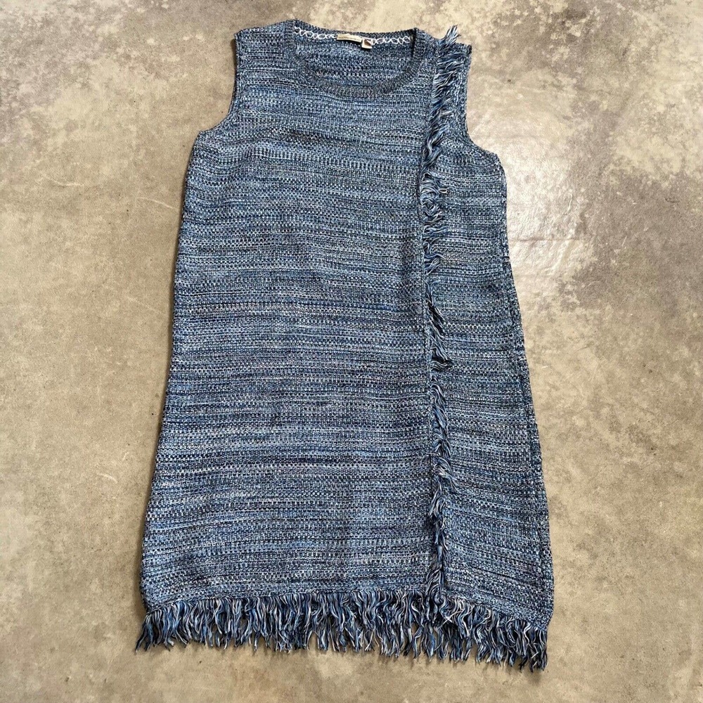 Anthropologie Holding Horses Dress Sz Large Blue Fringe Knit Sleeveless Knit